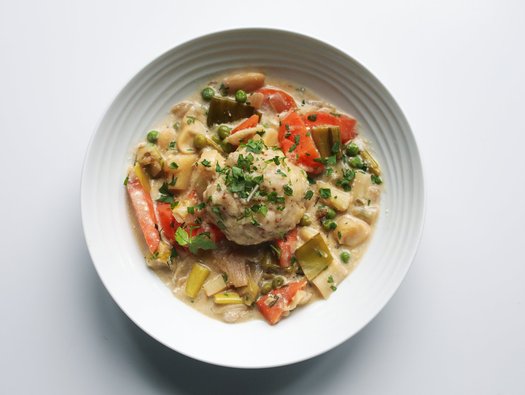 Vegetable stew with cheddar dumplings