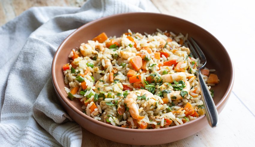A bowl of Caribbean shrimp fried rice.