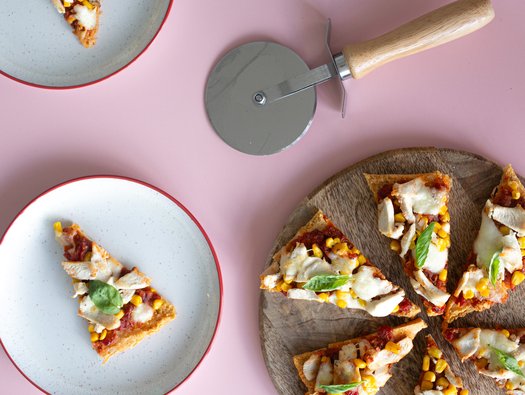 Charlie’s lentil pizza with chicken and sweetcorn