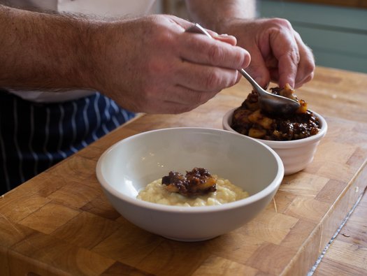 Rice pudding with pear and prune compote