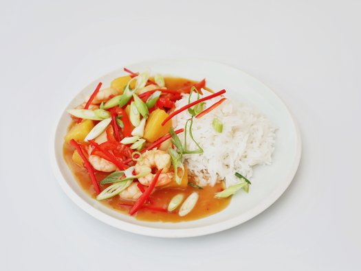Sweet and sour prawns with rice