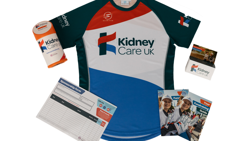 Kidney Care UK running T-shirt and fundraising items including a fundraising guide, sponsorship form and collection tins and boxes.