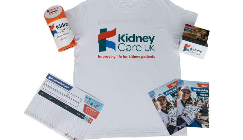 White Kidney Care UK T-shirt and fundraising items including a fundraising guide, sponsorship form and collection tins and boxes.