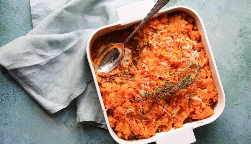 Shepherd’s pie with swede and carrot mash.