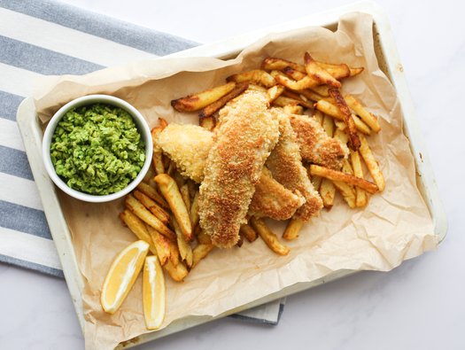 Homemade fish & chips with mushy peas