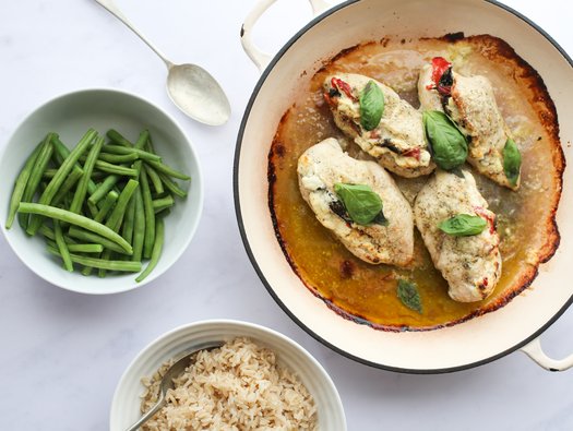 Chicken stuffed with roasted red pepper & cream cheese with basil