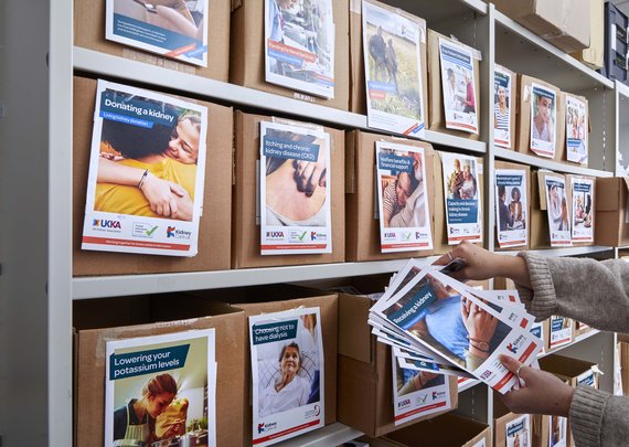 Boxes of Kidney Care UK patient information booklets.