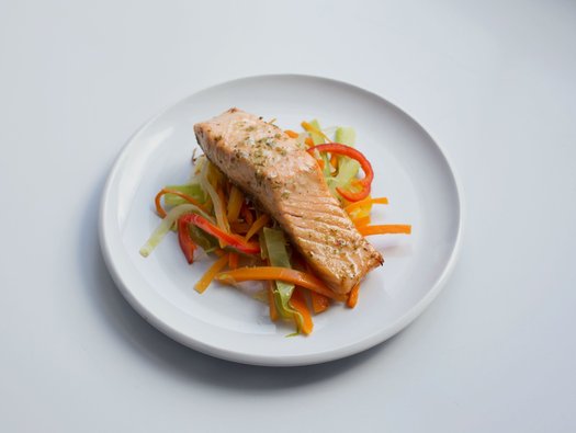 Caribbean oven baked salmon with sautéed vegetables