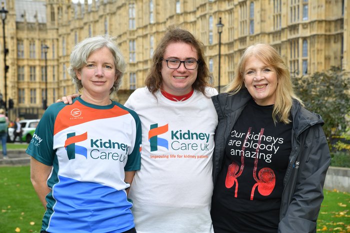 Senior Policy Officer at Kidney Care UK, Samantha Sharp, pictured with Thomas Haynes, patient representative for Kidney Care UK, and Policy Director at Kidney Care UK, Fiona Loud, all pictured outside Westminster and the Houses of Parliament.