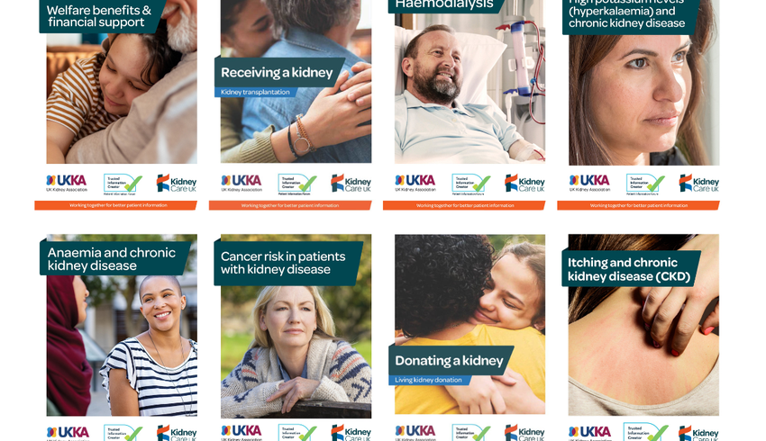 Kidney Care UK patient information leaflets covers arranged in a grid.