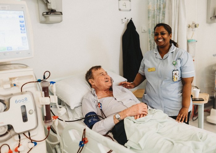 Man with a tunnelled line with a nurse