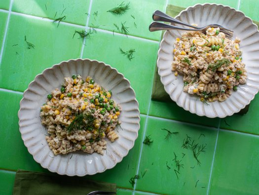 Salmon pasta with peas and sweetcorn
